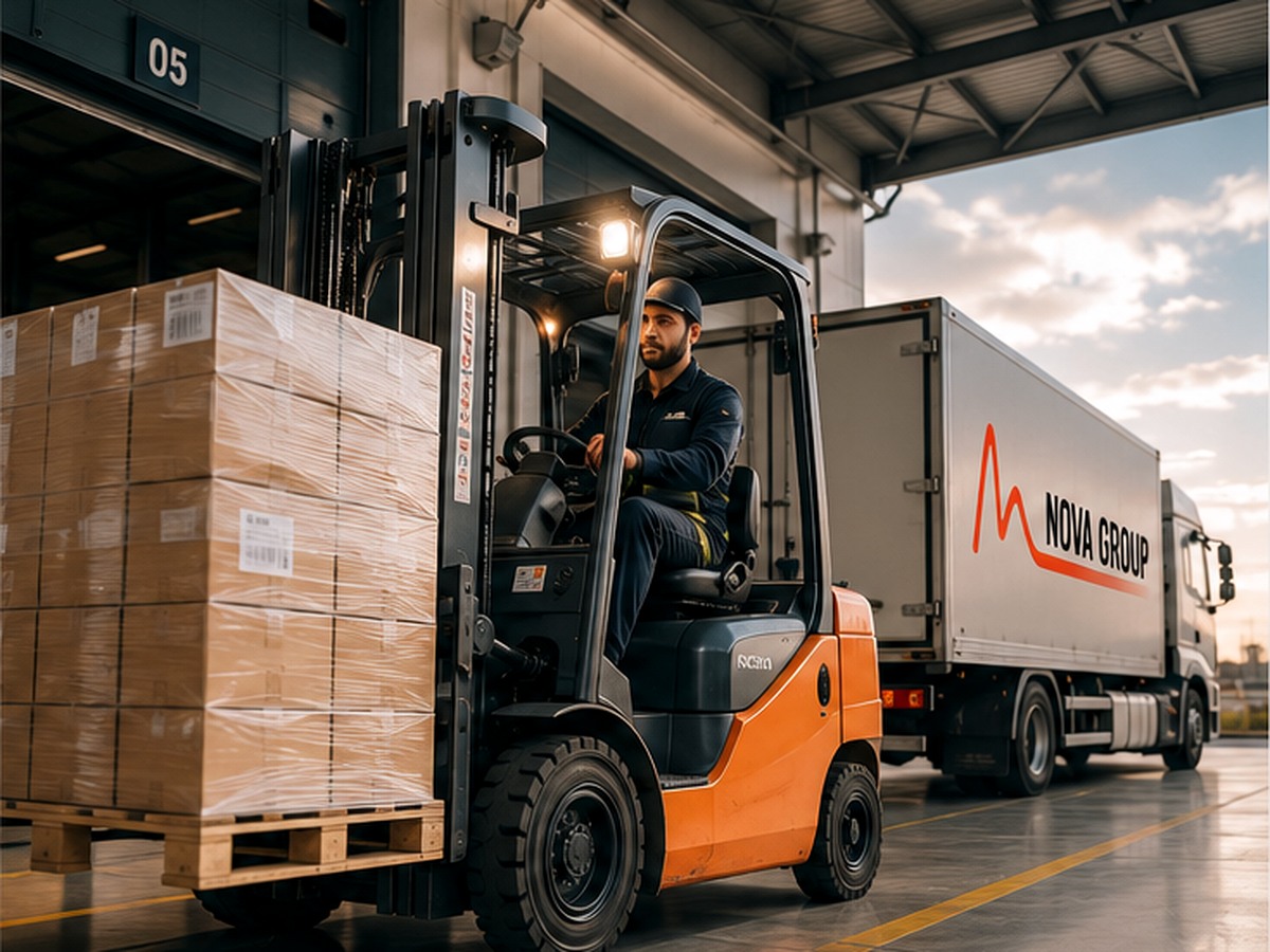 Carrellista movimenta un pallet presso una baia di carico logistica